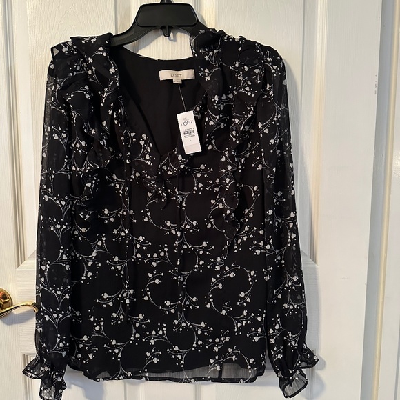 LOFT Tops - Ann Taylor Loft Large Long Sleeve Ruffle Black With White Hearts Blouse